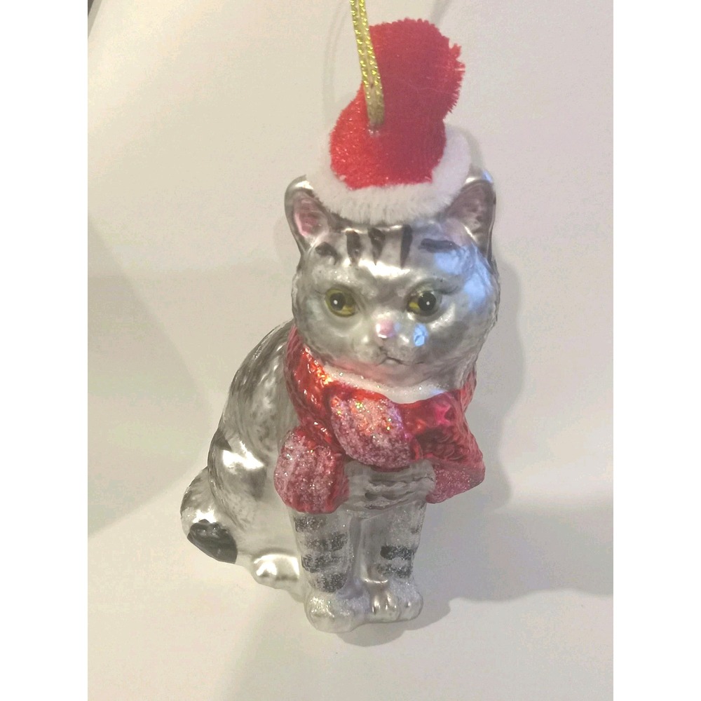 Inge-Glass Style Grey Tabby Cat Christmas Ornament Santa Hat Red Kitsch Grandma